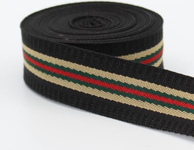 5 Meter GESTREEPTE TASSENBAND, Breedte 40MM, Kleur 16 ZWART/BEIGE/GROEN/ROOD