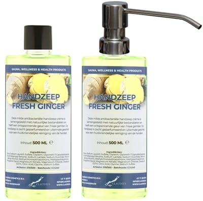 Handzeep Fresh Ginger 500 ml - set van 2 stuks - met gratis RVS zilverkleurige pomp - Voordeelverpakking