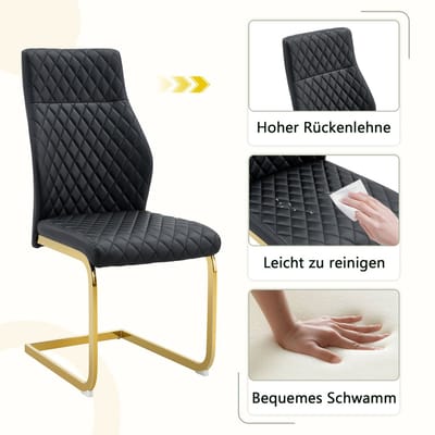 MODENUIT Eetkamerstoel - Hoge Rugleuning - Set van 2 met Ruitstiksel - Voor Eetkamer en Restaurant - Metaal PU-Leer Zwart Goud