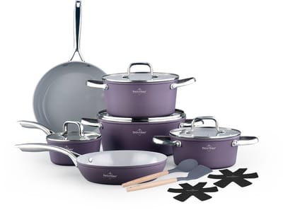 Swiss Haus® CC4014T 14-delige Pannenset Inductie – PFAS Vrij – Keramische Antiaanbaklaag – Complete Inductie Pannenset - Koekenpannen, Braadpannen met Deksel & Steelpan - Paars