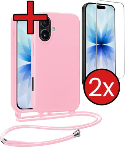 Hoesje Geschikt voor iPhone 17 Hoesje Siliconen Case Met Koord Met 2x Screenprotector - Hoes Geschikt voor iPhone 17 Hoesje Backcover Met Telefoonkoord - Lichtroze
