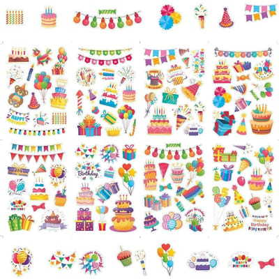 Dailygoods- Verjaardagsstickers 8 Vellen - Gepersonaliseerde Stickers - Scrapbooking Stickers - Feestdecoratie - Vrolijke Versiering - Transparante Randen - Feeststickers