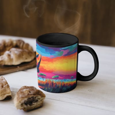 Magische Mok - Foto op Warmte Mokken - Koffiemok - Neushoorn - Zonsondergang - Savanna - Kleurrijk - Magic Mok - Beker - 350 ML - Theemok
