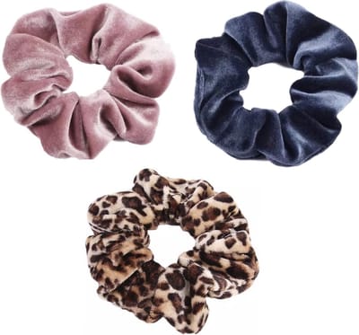 Scrunchie 3 stuks Velvet Extra Vol en Luxe - haarelastiek haarwokkel scrunchies - oudroze - blauwgrijs - panterprint bruintinten  - Kraagjeskopen.nl