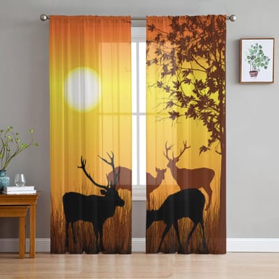 Wilde Herten In Bos Transparante Gordijnen voor Woonkamer Transparante Tule Raambekleding Slaapkamer Keuken Huisdecoratie Sluier Gordijnen 135W x 114H(cm) yellow