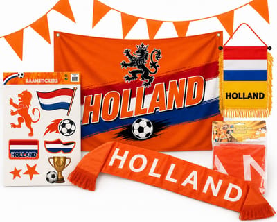 Oranje Supporterspakket Holland WK 2026 – Complete Decoratieset met Vlag, Sjaal, Vlaggenlijn, Vaantje en Raamstickers