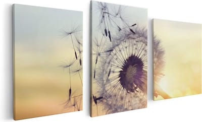 Artaza Canvas Schilderij Drieluik Paardenbloem Tijdens Zonsondergang - 120x60 cm - Wanddecoratie Woonkamer - Schilderijen - Muurdecoratie