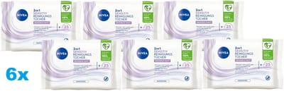 NIVEA Sensitive Reinigingsdoekjes 3-in-1 – 6 x 25 Stuks – Zonder Alcohol & Parfumvrij – Voor Gevoelige Huid