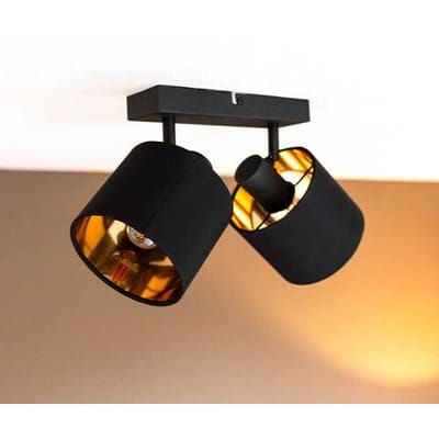 HOFTRONIC - Jimmy LED Plafondspot - Stoffen kap (textiel) – 2 spots - Kantelbaar - Draaibaar - Mat Zwart en Goud - E14 fitting - IP20 - Plafondlamp