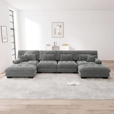 Pugsdrly Modulaire hoekbank, U-vormige bankstel voor woonkamer, comfortabele 4-zitsbanken met afneembare poef, DIY-combinatie, chenille, grijs