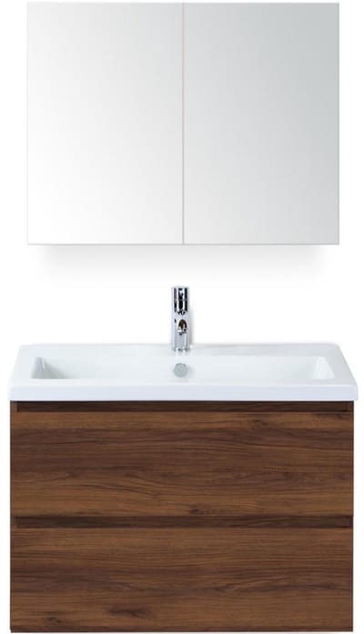 Vogue Badmeubelset 80 cm - Greeplijst in Kleur - Walnoot - Keramische Wastafel Wit 1 Kraangat met Spiegelkast