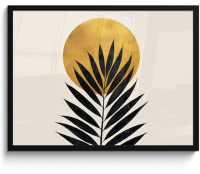 Poster in lijst - Fotolijst 80x60 cm - Posters - Zwart palmblad - Gouden cirkel - Beige achtergrond - Posterlijst zwart - Decoratie - Wanddecoratie woonkamer - Muurdecoratie slaapkamer
