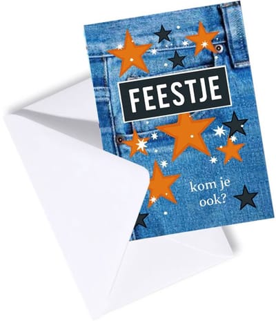 Uitnodiging kinderfeestje - Uitnodigingskaarten - Set 10 stuks met enveloppen - Jongen Meisje - Spijkerbroek met Sterren