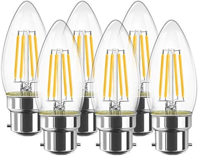 Candle Shape Filament LED Lamp 4W B22, 2700K Warm White, 470 Lumen, Replacement for 40W Incandescent - Pack of 6