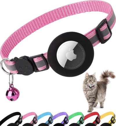 Kattenhalsband Airtag, Reflecterende Halsband voor Katten met Veiligheidssluiting, Air Tag-Beschermhoes en Belletje, Geschikt voor Katten Van Alle Groottes, 1 CM Breed en Lichtgewicht(Roze)