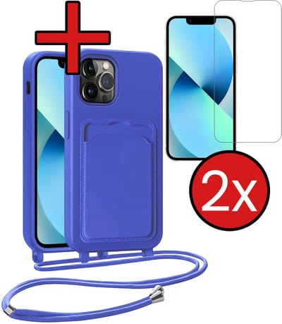 Hoesje Geschikt voor iPhone 13 Pro Hoesje Met Telefoonkoord en Pasjeshouder Met 2x Screenprotector Siliconen - Hoes Geschikt voor iPhone 13 Pro Hoesje Met Kaarthouder Case - Felblauw
