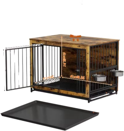 Houten Hondenbenche - Hondenren - Hondenkrat Bijzettafel met Afneembare Kommen en Dienblad - Dubbele Deuren Hondenkennel voor Middelgrote Honden Binnen - 112 x 75 x 84 cm - Grijs