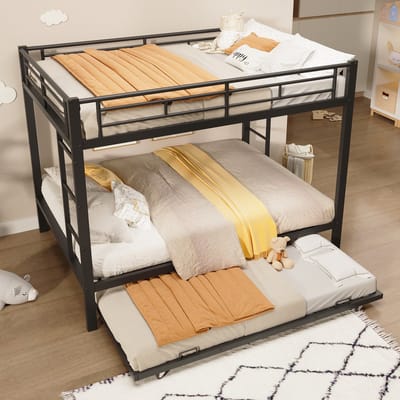 MODFU Stapelbed met Uittrekbed – 140x200 cm – 3 Slaapplaatsen (incl. 90x190 cm Uitschuifbed) – Hoge Valbeveiliging – Stevig Metaal – Zwart – Ruimtebesparend voor Logeren of Kinderslaapkamer