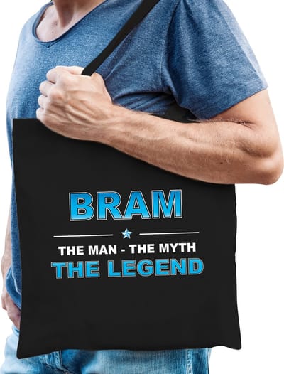 Naam cadeau Tasje voor Bram - The man, The myth the Legend - katoenen - zwart - verjaardag - vaderdag - collega - vriendin