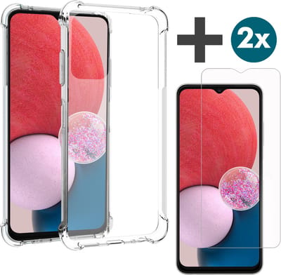 Samsung Galaxy A13 4G hoesje transparant siliconen backcover met verstevigde hoeken Inclusief 2 Stuks Screenprotector tempered glass