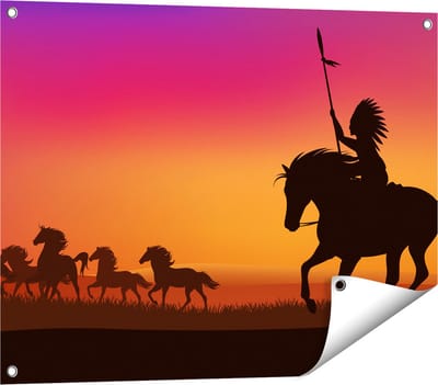 Gards Tuinposter Silhouet van een Indiaan op een Paard - 80x60 cm - Tuindoek - Tuindecoratie - Wanddecoratie buiten - Tuinschilderij
