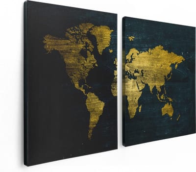 Artaza Canvas Schilderij Tweeluik Gouden Wereldkaart - 120x80 - Foto Op Canvas - Canvas Print