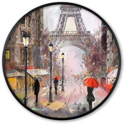 Poster in lijst Rond - Fotolijst 60x60 cm - Posters - Schilderij - Parijs - Eiffeltoren - Paraplu - Olieverf - Ronde posterlijst zwart - Decoratie - Wanddecoratie woonkamer - Muurdecoratie slaapkamer
