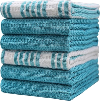 Luxe Katoenen Keukendoeken Set van 6 - Groot en Zeer Absorberend - 40x71 cm - Aqua Streep