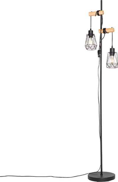 QAZQA dami-frame - Landelijke Vloerlamp | Staande Lamp met kap - 2 lichts - H 164 cm - Zwart - Woonkamer | Slaapkamer | Keuken