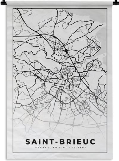 Wandkleed - Wanddoek - Stadskaart – Frankrijk – Kaart – Saint-Brieuc - Plattegrond - Zwart wit - 120x180 cm - Wandtapijt