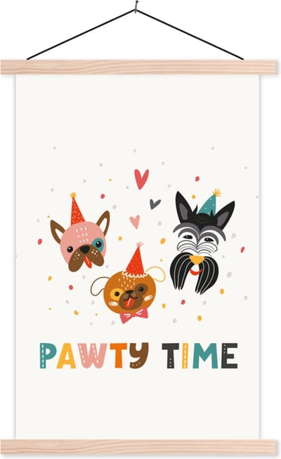 Posterhanger incl. Poster 40x60 cm - Schoolplaat - Quotes - Spreuken - Pawty time - Honden - Textielposter - Blanke latten