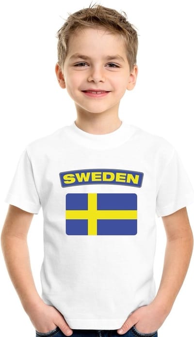 Supporters kleding - t-shirt van vlag Zweden - wit - voor kinderen - korte mouwen - sport 110/116
