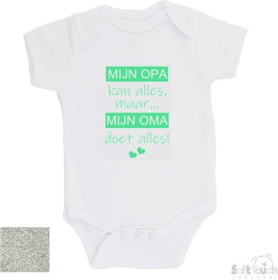 100% katoenen Romper "Mijn opa kan alles, maar mijn oma doet alles" Unisex Katoen Wit/mint Maat 62/68