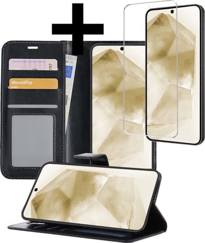 Hoesje - Met Screenprotector - Geschikt voor Samsung Galaxy A55 - Luxe Pasjeshouder - Bookcase Portemonee - Flip Case - Kunstleer Book Case - Flipcase - Book Cover - Walletcase - Portemonneehoes - Telefoonhoesjes - Zwart