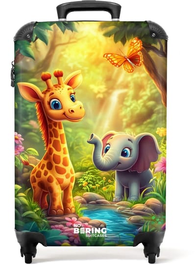 NoBoringSuitcases.com® - Kinderkoffer - Kindertrolley jongen en meisje - Giraf en olifant bij beekje in de Jungle - Handbagage koffer lichtgewicht - Reiskoffer trolley kinderen - Rolkoffer met wieltjes - Past binnen 55x40x20 en 55x35x25