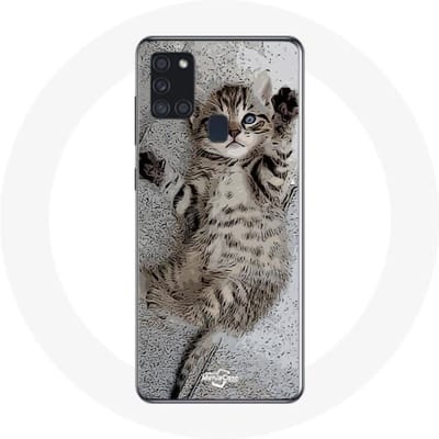 Coque - Samsung - Galaxy A21S - Souple - Gris - Motif chaton Bengal dormir