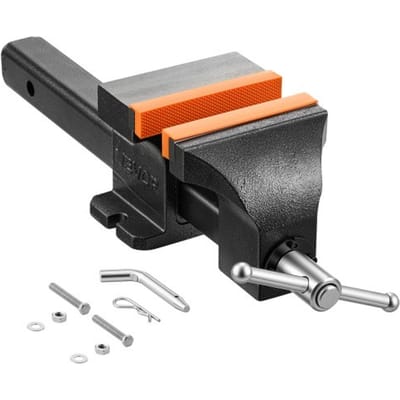VEVOR werkbankschroef met een bekbreedte van 15 cm en een klemkracht van 25 kN, voor zagen, slijpen, boren en pijpsnijden, met een bekdiepte van 90 mm, handgreepvergrendeling en magnetische bekkensteunen.