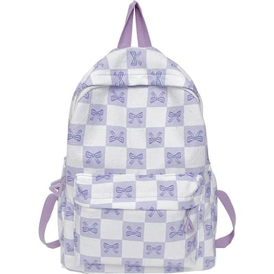 Sac à dos mignon à nœud pour filles, un sac à dos à carreaux polyvalent et léger pour les élèves du lycée violet
