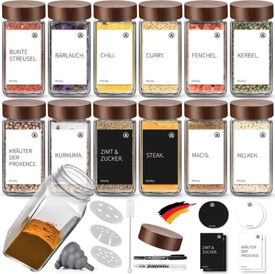 Kruidenpotjes, vierkant, met strooiinzetstuk, 12 glazen kruidenstrooiers, 120 ml, keukenaccessoires, kruidenorganizer, kruidenpotjes met houten deksel, kruidenpotje met kruidenetiketten