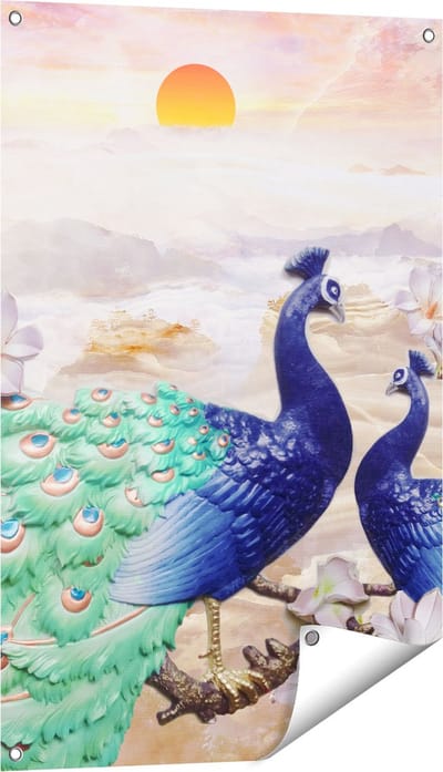 Gards Tuinposter Twee Pauwen bij Elkaar met Bloemen - Liefde - 60x90 cm - Tuindoek - Tuindecoratie - Wanddecoratie buiten - Tuinschilderij