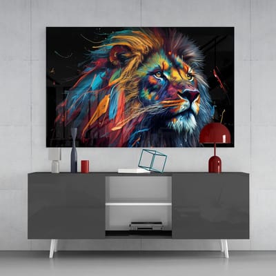 Dieren Glasschilderij - Leeuwenadel - Kleurrijk - Schilderij - Wanddecoratie - 72x46 cm - 4 mm
