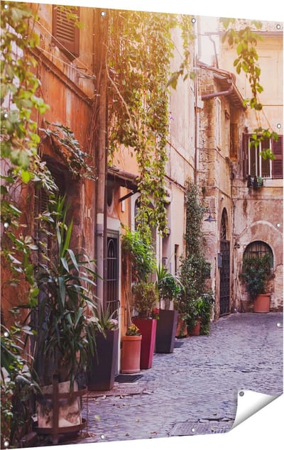 Gards Tuinposter Straatje in Rome met Groene Planten - 120x160 cm - Tuindoek - Tuindecoratie - Wanddecoratie buiten - Tuinschilderij