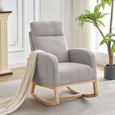 Schommelstoel - Relaxstoel babykamer - Fauteuil - Voedingsstoel - Scandinavische stijl, gewatteerde rugleuning, massief houten poten - Grijs