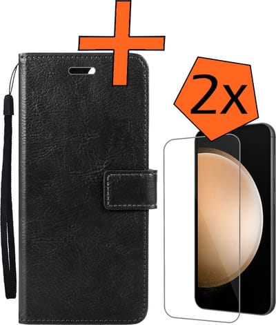 Hoes - Met 2x Screenprotector - Geschikt voor Samsung Galaxy S23 FE - Luxe Pasjeshouder - Bookcase Portemonee - Flip Case - Kunstleer Book Case - Flipcase Hoes - Book Cover - Walletcase - PortemonneeHoes - Zwart