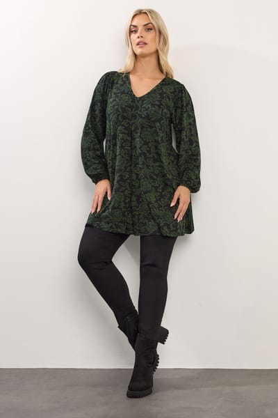 Yours Zwarte En Groene Top Met Bloemenprint En Plooien Aan De Voorkant Size 42