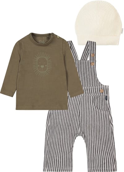 Noppies - Kledingset- 3 delig - Tuinbroek Gauchi Stripe - Shirt Groen met leeuw - Muts Golmes Butter - Maat 86