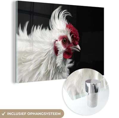 MuchoWow® Glasschilderij 120x80 cm - Schilderij acrylglas - Kip - Vogel - Zwart - Foto op glas - Schilderijen