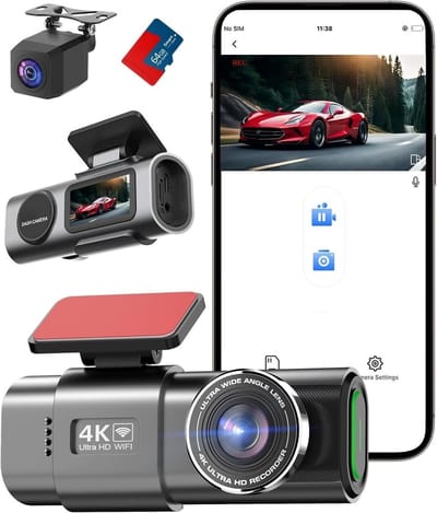 SNJY® Dashcam voor Auto - Auto Camera - Dashcam Voor en Achter Draadloos - 4K+1080P - 64 GB - 170°+140° Groot Gezichtsveld - Zwart