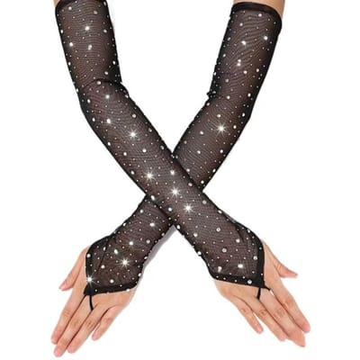 Gants Longs Mesh Crochet Strass pour Doigts de Femme Sexy Party Transparent Respirant Sans Doigts Élastiques Manches de Bras One Size gray