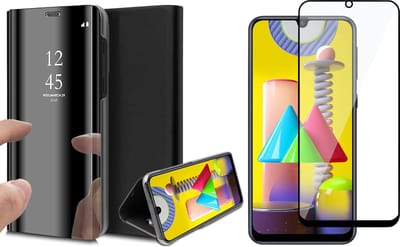Hoesje geschikt voor Samsung Galaxy M31 - Screen Protector FullGuard - Book Case Spiegel Zwart & Screenprotector